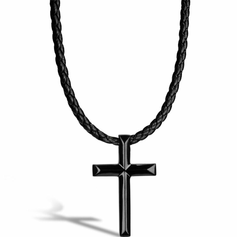 Lederhalskette mit Anhänger "Cross" - Schwarz