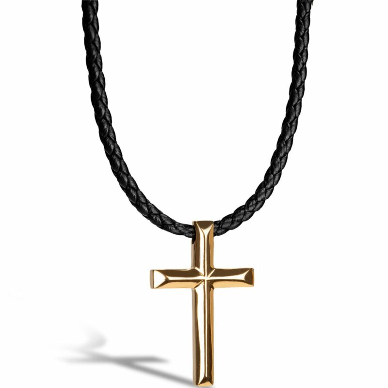 Lederhalskette mit Anhänger "Cross" - Gold