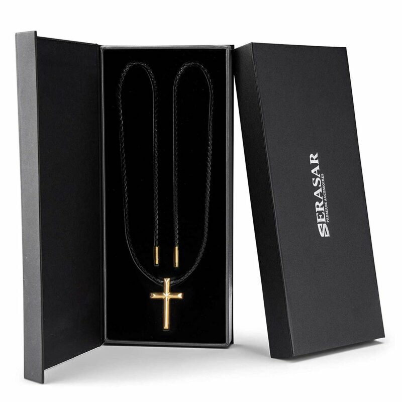 Lederhalskette mit Anhänger "Cross" - Gold