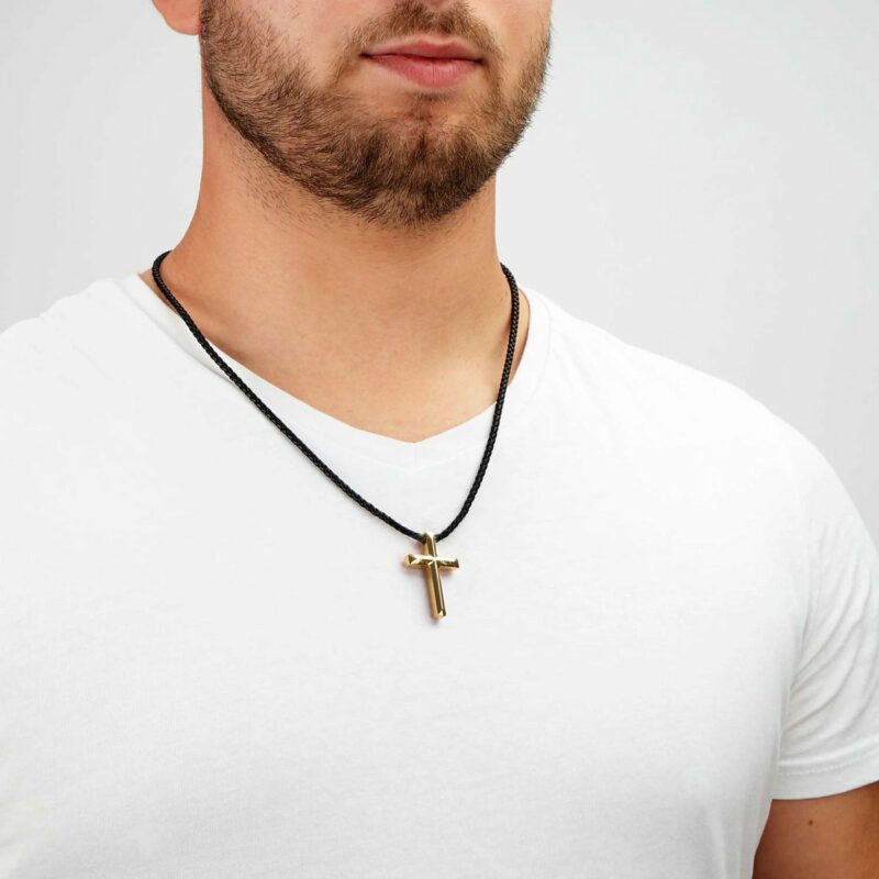 Lederhalskette mit Anhänger "Cross" - Gold
